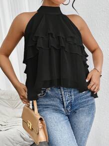 Firerie Loose Fit Neck Tie Ruffle Hem Asymmetrical Chiffon Blouse