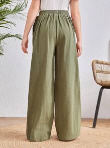 SHEIN Tween Girls' Solid Ribbon Tie Straight Leg Pants - Army Green - View 2