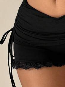 SHEIN ICON Quần short thường ngày thoải mái có dây rút Y2k màu đen ôm vừa vặn, viền bèo nhún, trang trí - màu đen - Xem 8