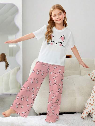 SHEIN Leap Crew 少女卡通猫印花休闲简约圆领短袖长裤睡衣套装，适合春夏季