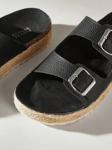 Solecia Sandalias de suela gruesa con material de PU negro y cuerda en la parte inferior, adecuadas para ir al trabajo, citas, fiestas y vacaciones