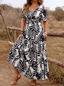 Breezaya Plus Size Casual Plant Print V-Neck Dress - Black and White - View 5