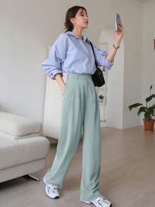 DAZY Women's Plain Pocket Pleated Straight Wide-Leg Casual Pants Business Attire - Baby Blue - View 8