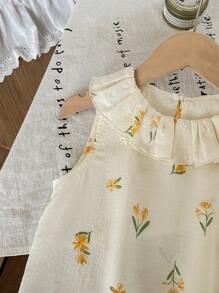 Emery Rose Kids Emery Rose Kids 2 件套年轻女孩编织碎花荷叶边下摆上衣和宽松长裤套装 - 藍色 - 查看 5