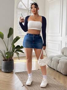 SHEIN EZwear Plus Size Sexy Minimalist Solid Color Lightweight Fitted Cropped Cardigan - Navy Blue - View 5