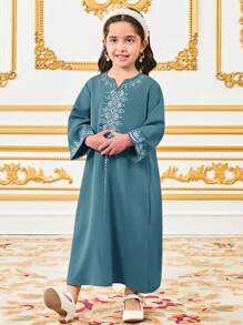 SHEIN Leap Crew Young Girl National Pattern Long Robe - Green - View 7