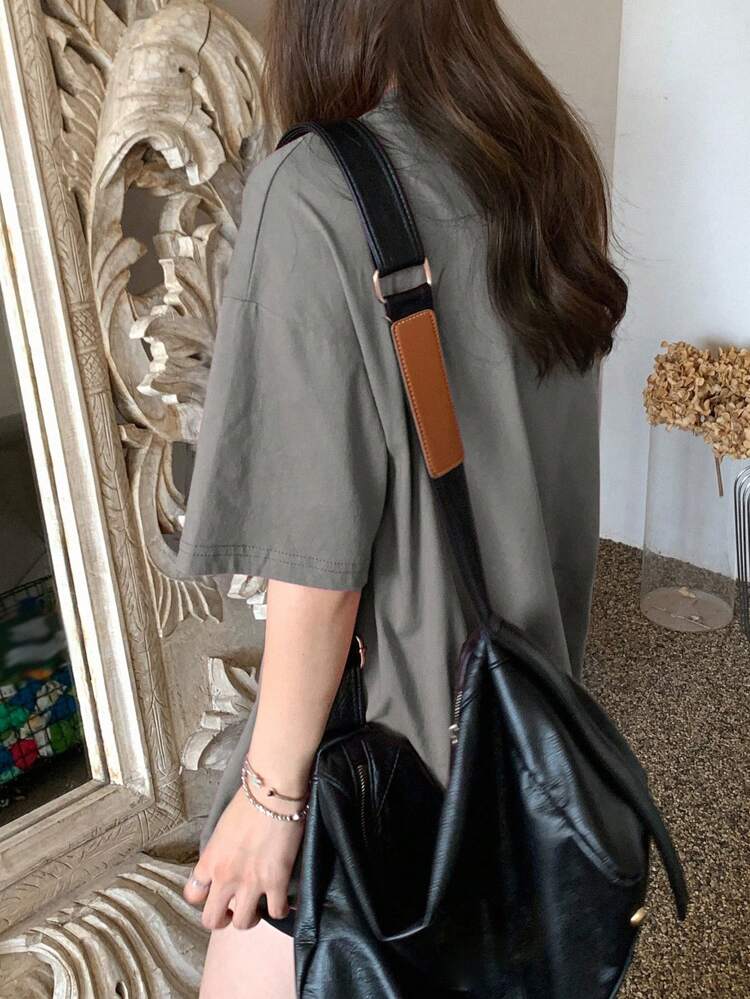 Women Summer Round Neck Oversized Short Sleeve Casual T-Shirt With Letter Print Preppy Tops