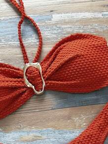 SHEIN Swim 女士海滩夏季服装，纯色纹理面料抹胸吊带金属装饰高腰泳裤海滩度假比基尼套装