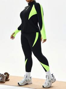 Rhythm Era Conjunto de 2 piezas talla grande: Sudadera de manga larga con agujero para el pulgar, Leggings ajustados de cintura alta, Diseño de parches neón Conjunto de ropa deportiva para mujeres