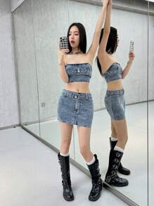SHEIN EZwear 女士性感紧身弹力短款牛仔上衣，女士夏季，狂欢上衣，伊比沙岛，欧洲夏季，约会之夜女士，韩流，可爱夏季上衣，趣味上衣，演唱会女士，俱乐部女士性感 - 淺色水洗藍 - 查看 4