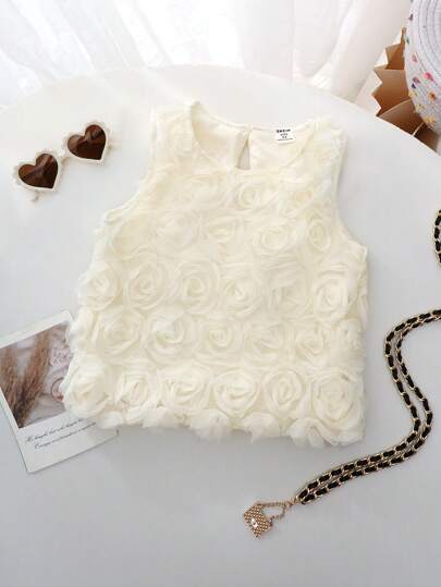 SHEIN 年轻女孩法式无袖背心，新款设计 3D 玫瑰图案，适合度假、夏季、旅行