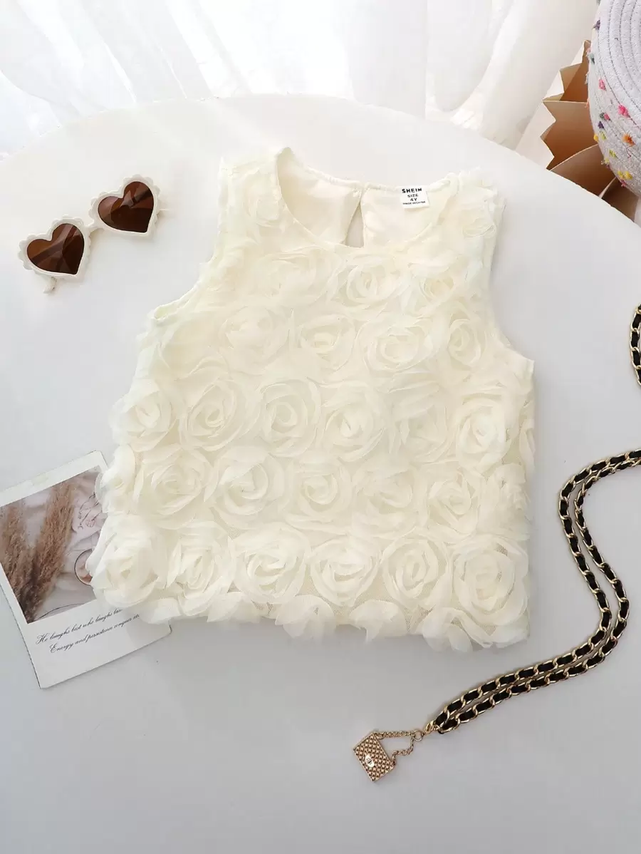 SHEIN Young Girl French Style Sleeveless Tank Top Tank Top, New Design 3D Rose Pattern,Holiday,Summer,Travel