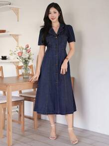 DAZY Western Style Women's Simple Stitching Puff Sleeve Slit Denim Dress Sundress
