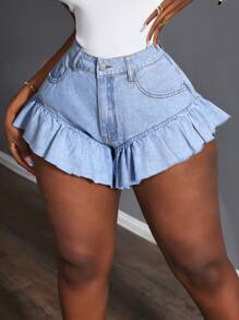 Slaydiva Women's Pocketed Ruffled Hem Fashionable Denim Shorts - Grey - View 3