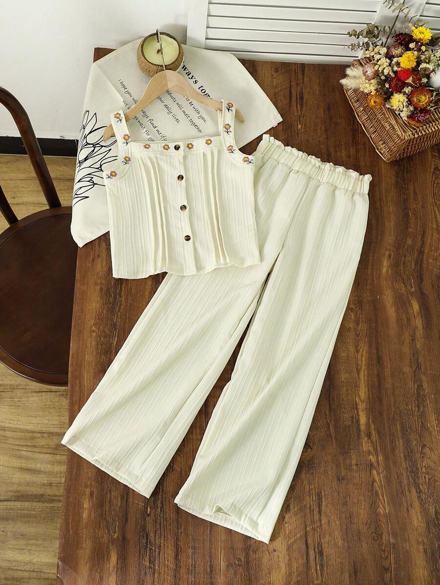 SHEIN Tween 女童花卉刺绣无袖上衣和直腿七分裤套装