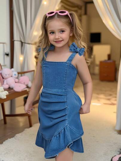 SHEIN Elladie kids Vestido infantil informal y lindo de mezclilla con volantes, tirantes arrugados y sin mangas, liviano, elegante y cómodo para el verano