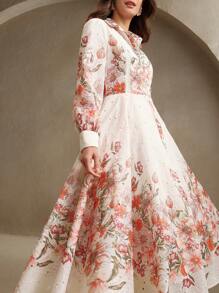 Anewsta Vestido camisa de manga globo con bordado y estampado floral, elegante para primavera, vacaciones, festivales, Pascua