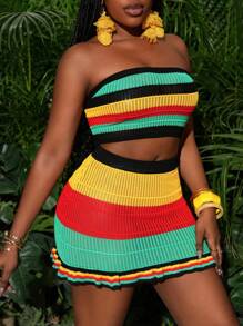 Slaydiva Summer Vacation Outfits For Woman, Strapless Knit Crop Top + Mini Ombre Ruffled Skirt Two-Piece Set, St Patrick Day, Carnival - Multicolor - View 3