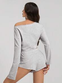 SHEIN Tall Bộ 2 món/Bộ áo dài tay màu trơn và quần short cho nữ, thời trang tối giản cho trang phục thường ngày - Xám - Xem 2
