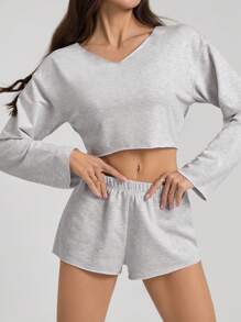 SHEIN Tall Bộ 2 món/Bộ áo dài tay màu trơn và quần short cho nữ, thời trang tối giản cho trang phục thường ngày - Xám - Xem 5