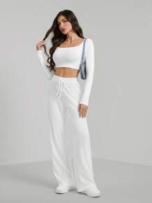 SHEIN Tall Ribbed Knit Knot Front Wide Leg Pants - White - View 3