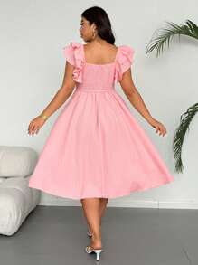 Sunnyshic Vestido elegante y retro para fiesta en la playa, de talla grande, con escote cuadrado, lazo tipo mariposa, mangas de doble volante y tela texturizada