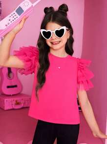 SHEIN Tween 女童纯色圆领网眼拼接短袖 T 恤 - 玫紅色 - 查看 4