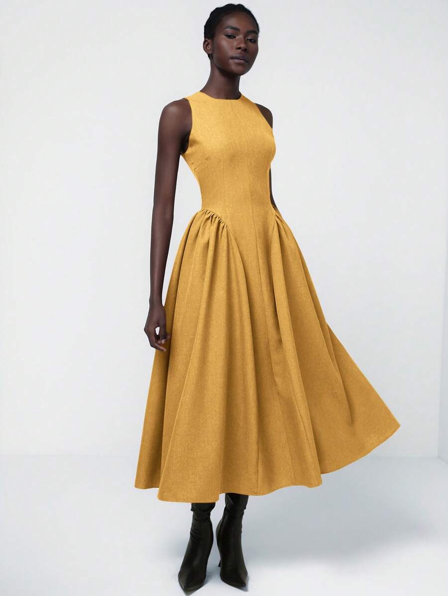 Aveloria Modichic Robe élégante française simple et polyvalente pour femmes avec taille élastique froncée, fentes et doubles poches