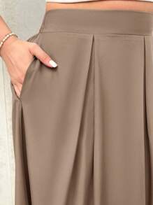Firerie Plus Size Women Grey High Waist Long A-Line Pleated Skirt With Pockets, Elastic Waist, Suitable For Fall And Back-To-School - Khaki - View 7