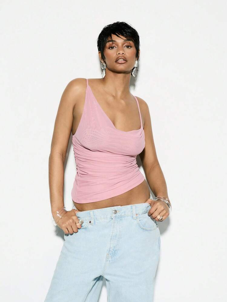 KIZN Draped Ruched Cami Tank Sleeveless Summer Party Club Fitted Basic Essential Ribbed Crop Top