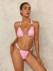 SHEIN Swim Valentine's Day Party Women Sexy Romantic Shiny Mesh Pink Bikini Set For Summer Beach Vacation - Baby Pink - View 4