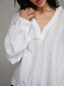 TRNVIE Bluză lejeră de vacanță, din jacquard, cu dungi transparente, cu jumătate de plăcuță, pentru femei