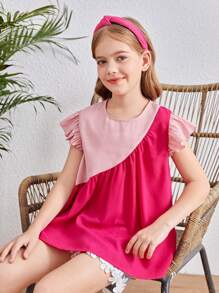 SHEIN Tween Girls Vacation Round Neck Cap Sleeve Patchwork Dress - Pink - View 5