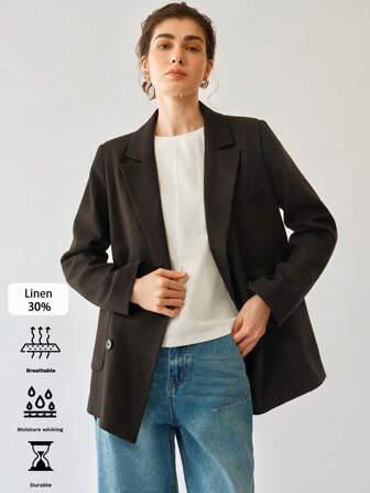 Uhlyne Fashionable Woven Linen Double-Breasted Revere Collar Long Sleeve Slim Fit Casual Women Suit Jacket Fall Cloth For Women