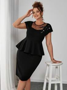 SHEIN Clasi 大码女式花卉装饰拼布波尔卡圆点网眼上衣和中长裙优雅两件套