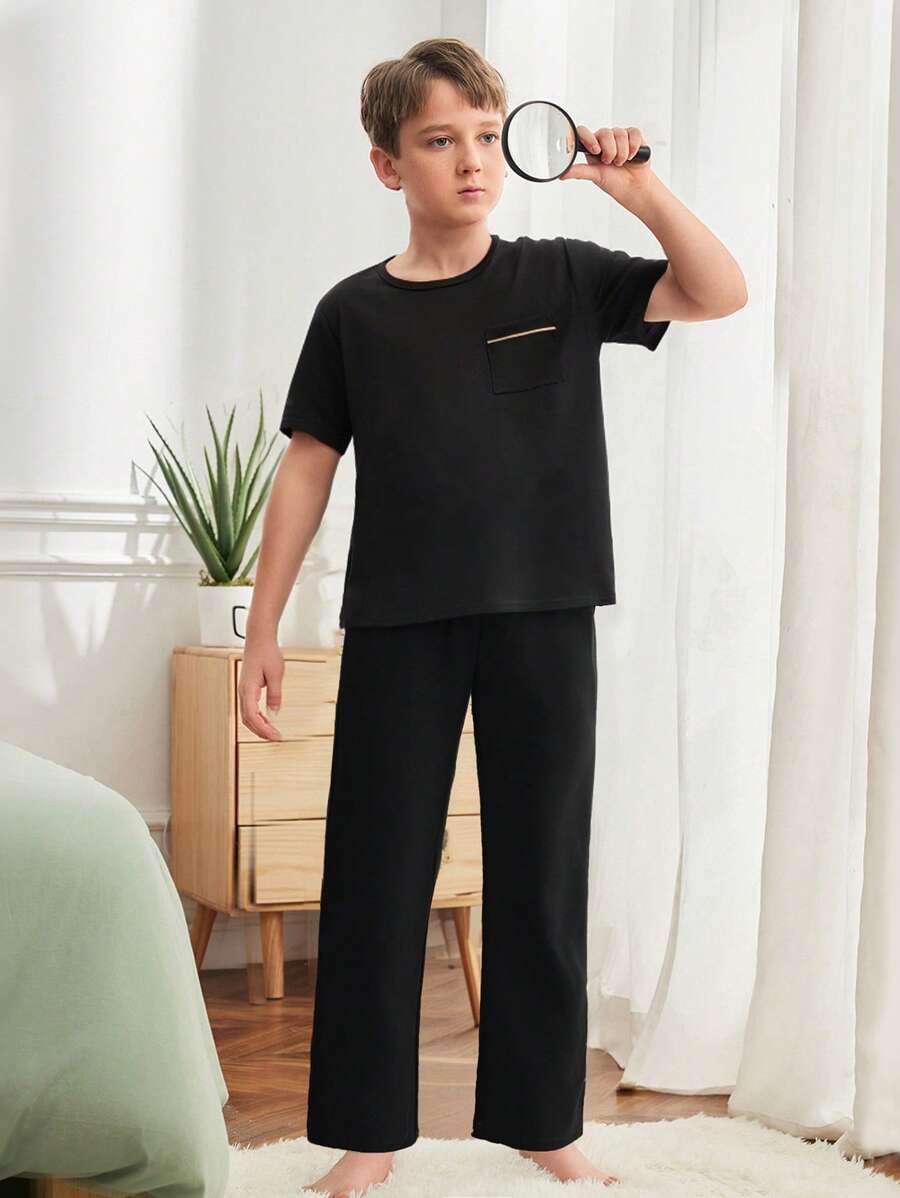 2pcs Boys Casual Outfit - Gray Collar Pocket Top With Contrast Trim & Matching Milk Silk Fabric Pants, Spring/Autumn - Dark Grey - View 1