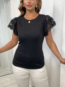Flirla Camiseta casual de verano de manga corta con cuello redondo, entallada y de encaje para mujer de talla grande - Negro - Ver 4