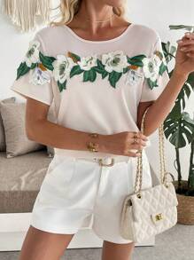 SHEIN Unity Elegant French Style Versatile Short Sleeve Mesh Patchwork Embroidery Detail Round Neck Apricot Blouse For Women, Spring/Summer - Apricot - View 3