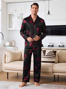 Heart & Lip Printed Open Front Men's Loungewear Set - Multicolor - View 6