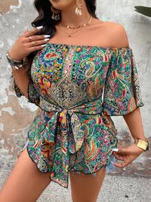 Breezaya Plus Size Women's Off Shoulder Print Blouse - Multicolor - View 6