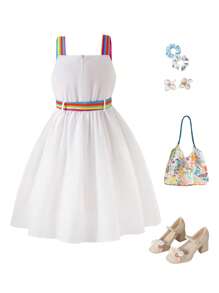 Girls Elegant Butterfly Print White Camisole Dress With Rainbow Striped Waist Belt, Fashion Summer Vacation Wear - White - View 2
