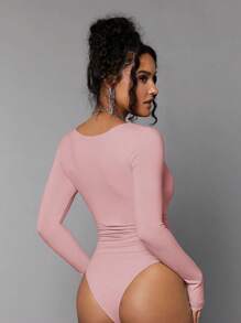 Silquee 女士方领长袖褶皱休闲紧身衣 - 藕粉色 - 查看 2