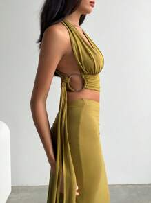 Aloruh 女士优雅性感深 V 领口细节褶皱露背裙 2 件套，橄榄色，海滩度假夏季女装两件套女士度假装女士海滩装女士度假装 - 橄欖綠 - 查看 4
