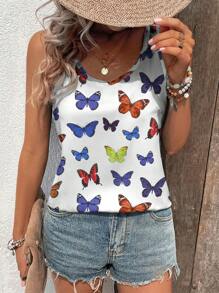 INAWLY Butterfly Print Sleeveless Casual Tank Top, Suitable For Daily Wear