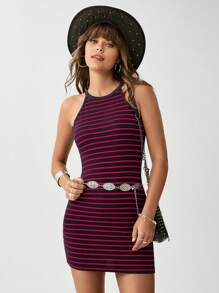 SHEIN LUNE Sọc & In Thon gọn Halterneck Đầm - Đỏ - Xem 1