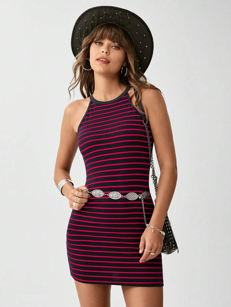 SHEIN LUNE Sọc & In Thon gọn Halterneck Đầm - Đỏ - Xem 1