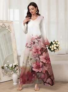 Al Najma Women's Elegant Floral Print Arabic Style Long Dress,Modest