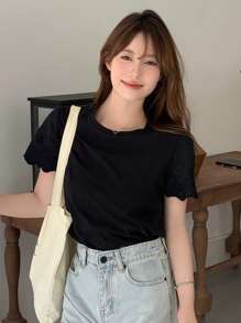 DAZY Solid Scallop Trim Tee - Black - View 10