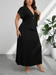 Firerie Plus Size Elegant Commuter Solid Color Batwing Sleeve Top And Pleated Skirt 2 Pieces Set