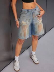 SHEIN ICON Vintage Style Distressed Ripped Women's Denim Capri Shorts - Blue - View 4